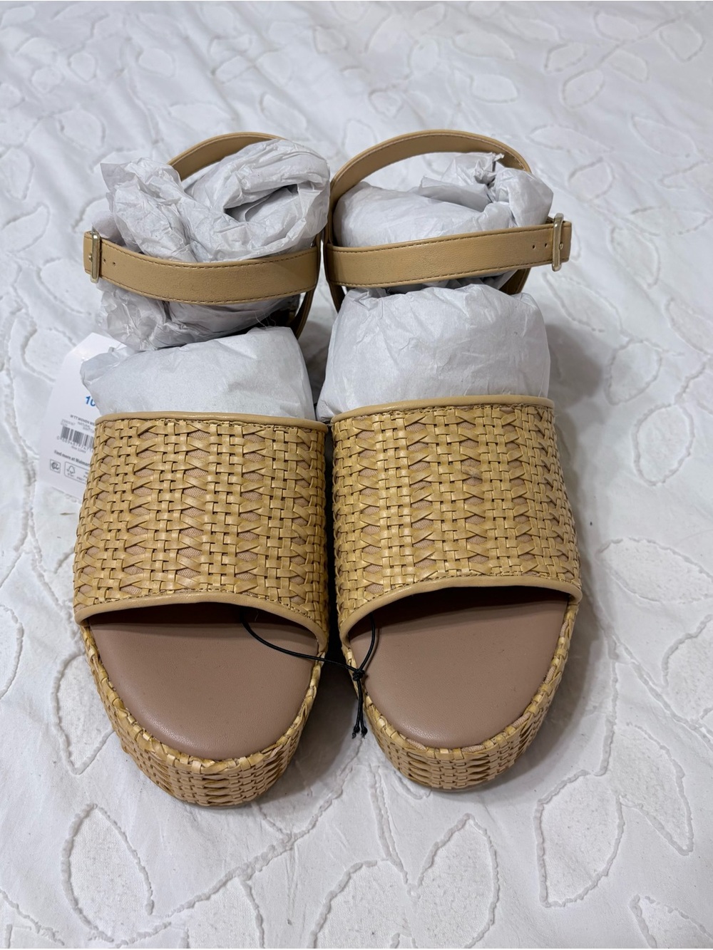Time and Tru Tan Woven Platform Wedge Sandals with Ankle Strap